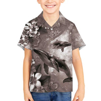 Hawaiian Lei Day Plumeria Humpback Whales Family Matching Off The Shoulder Long Sleeve Dress and Hawaiian Shirt Polynesian Art Vibrant Starry Nebula Grayscale Style