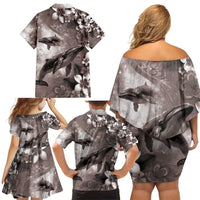 Hawaiian Lei Day Plumeria Humpback Whales Family Matching Off Shoulder Short Dress and Hawaiian Shirt Polynesian Art Vibrant Starry Nebula Grayscale Style