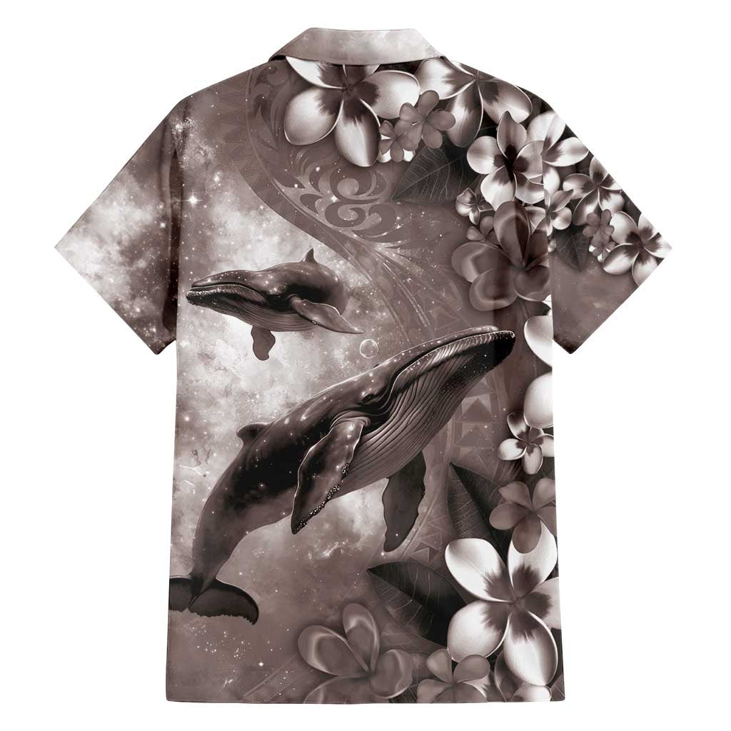Hawaiian Lei Day Plumeria Humpback Whales Family Matching Off Shoulder Short Dress and Hawaiian Shirt Polynesian Art Vibrant Starry Nebula Grayscale Style
