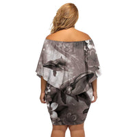 Hawaiian Lei Day Plumeria Humpback Whales Family Matching Off Shoulder Short Dress and Hawaiian Shirt Polynesian Art Vibrant Starry Nebula Grayscale Style