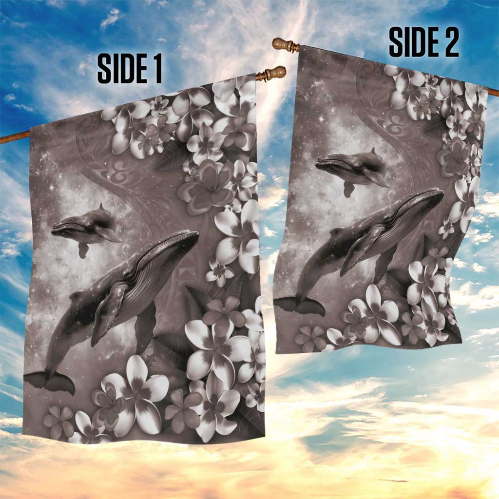 Hawaiian Lei Day Plumeria Humpback Whales Garden Flag Polynesian Art Vibrant Starry Nebula Grayscale Style