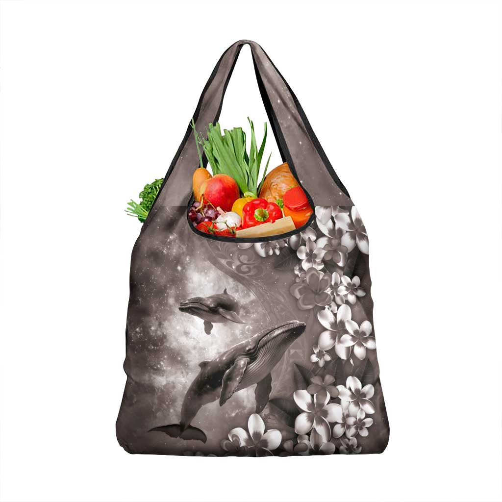 Hawaiian Lei Day Plumeria Humpback Whales Grocery Bag Polynesian Art Vibrant Starry Nebula Grayscale Style