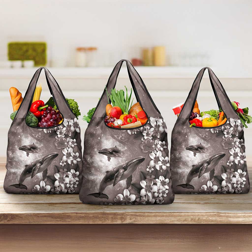Hawaiian Lei Day Plumeria Humpback Whales Grocery Bag Polynesian Art Vibrant Starry Nebula Grayscale Style