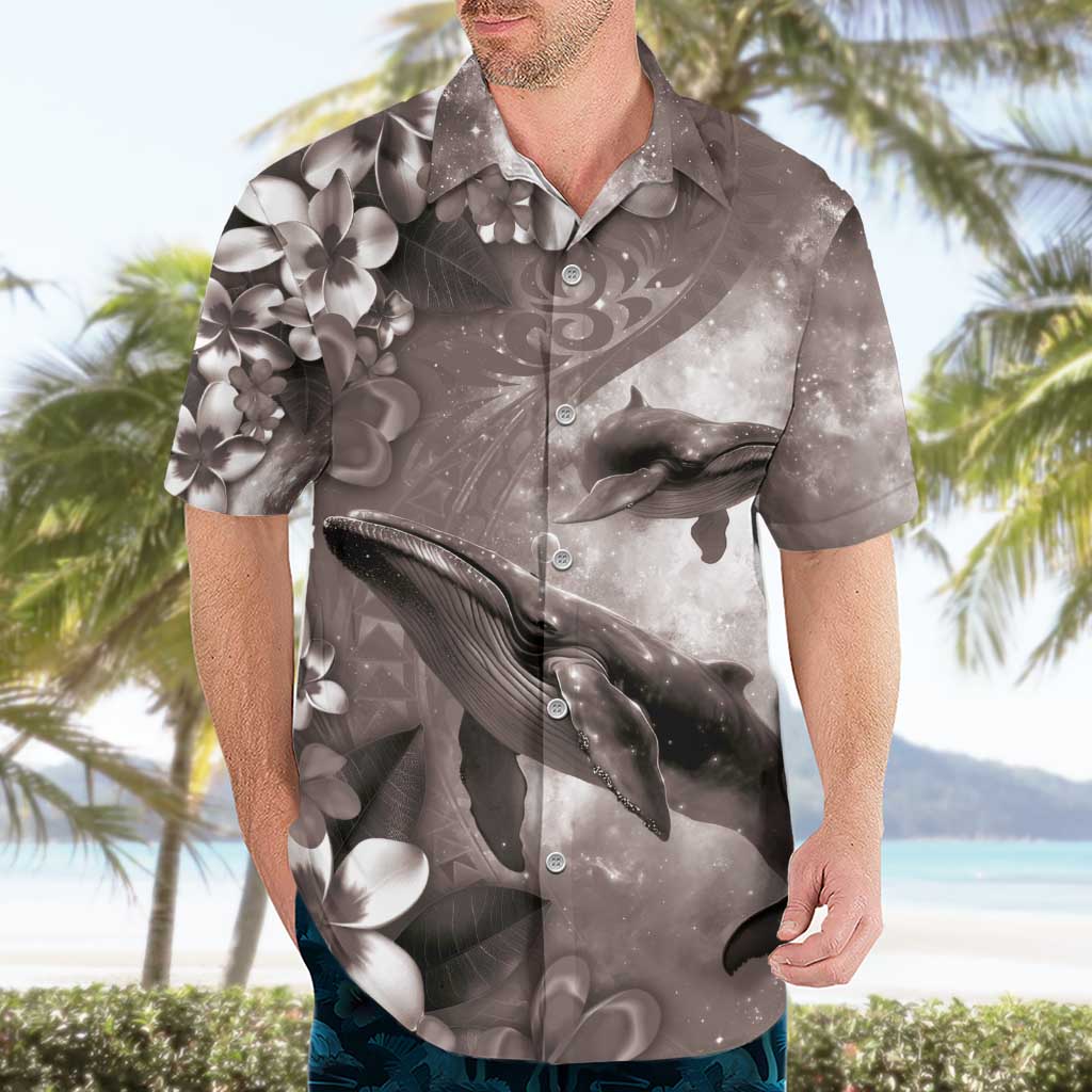Hawaiian Lei Day Plumeria Humpback Whales Hawaiian Shirt Polynesian Art Vibrant Starry Nebula Grayscale Style