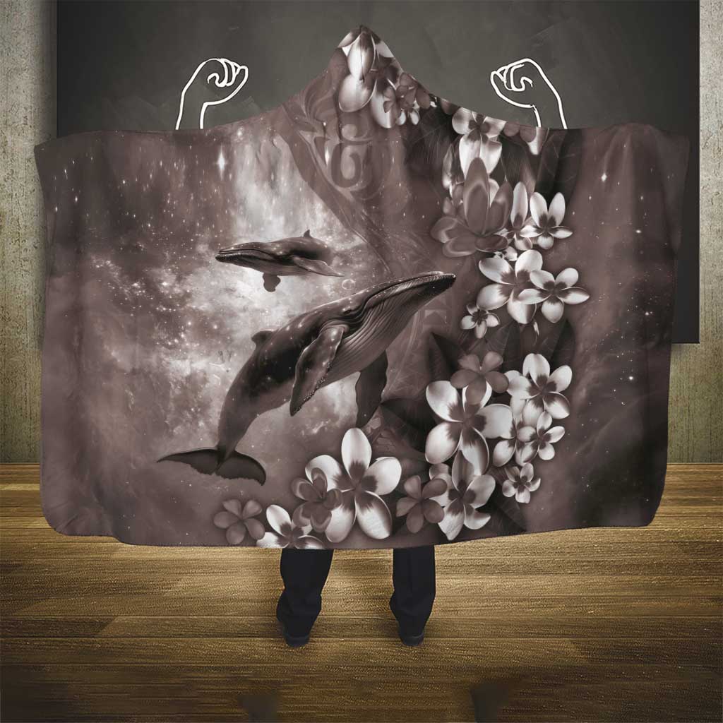 Hawaiian Lei Day Plumeria Humpback Whales Hooded Blanket Polynesian Art Vibrant Starry Nebula Grayscale Style