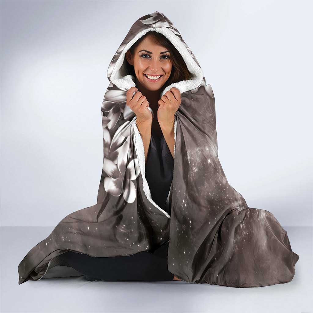 Hawaiian Lei Day Plumeria Humpback Whales Hooded Blanket Polynesian Art Vibrant Starry Nebula Grayscale Style