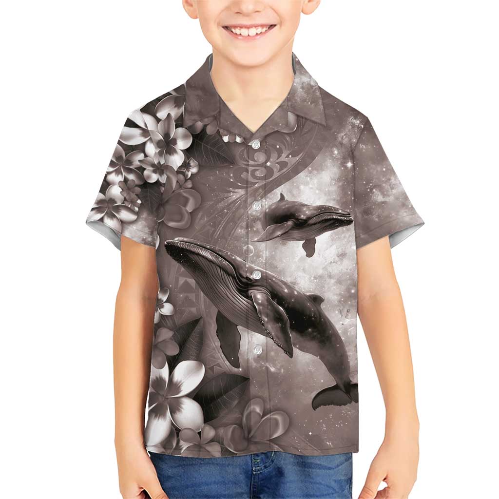 Hawaiian Lei Day Plumeria Humpback Whales Kid Hawaiian Shirt Polynesian Art Vibrant Starry Nebula Grayscale Style