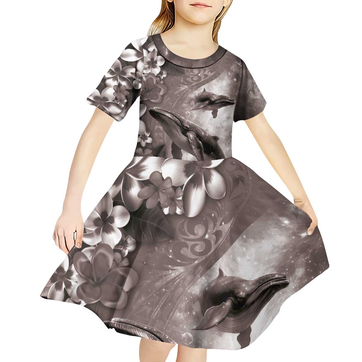Hawaiian Lei Day Plumeria Humpback Whales Kid Short Sleeve Dress Polynesian Art Vibrant Starry Nebula Grayscale Style