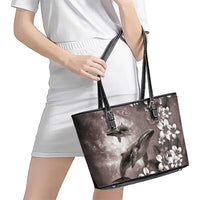 Hawaiian Lei Day Plumeria Humpback Whales Leather Tote Bag Polynesian Art Vibrant Starry Nebula Grayscale Style
