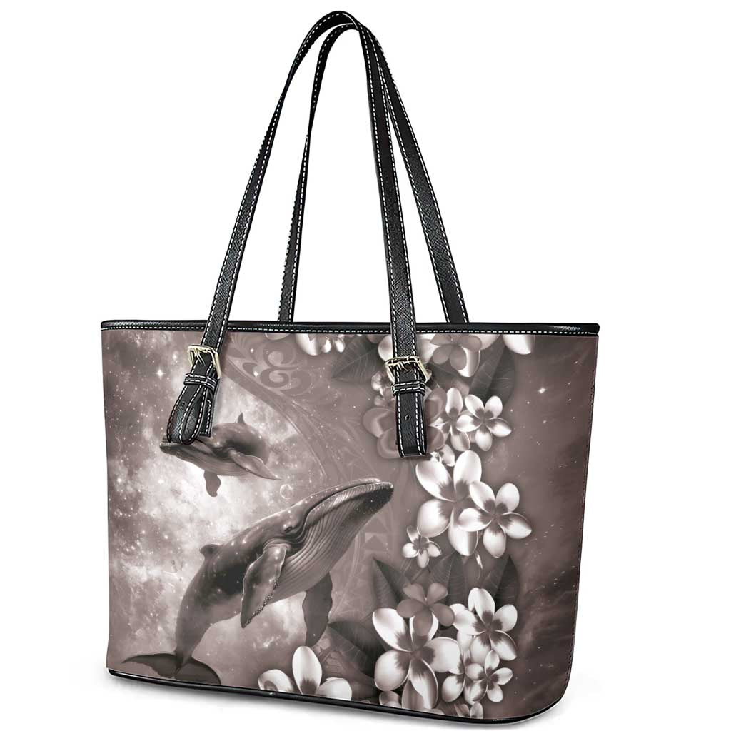 Hawaiian Lei Day Plumeria Humpback Whales Leather Tote Bag Polynesian Art Vibrant Starry Nebula Grayscale Style