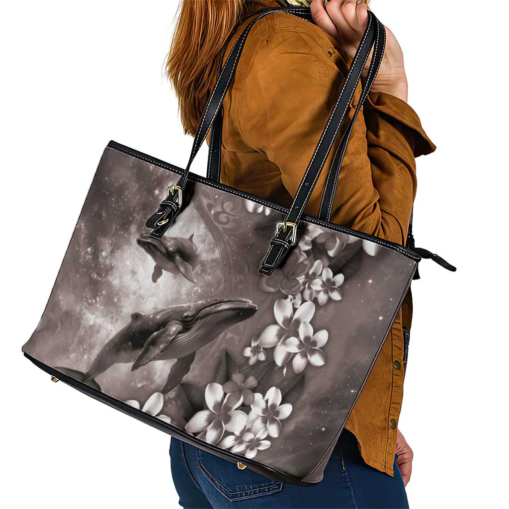 Hawaiian Lei Day Plumeria Humpback Whales Leather Tote Bag Polynesian Art Vibrant Starry Nebula Grayscale Style