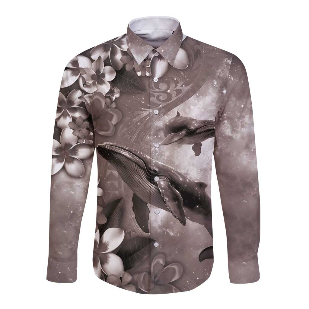 Hawaiian Lei Day Plumeria Humpback Whales Long Sleeve Button Shirt Polynesian Art Vibrant Starry Nebula Grayscale Style