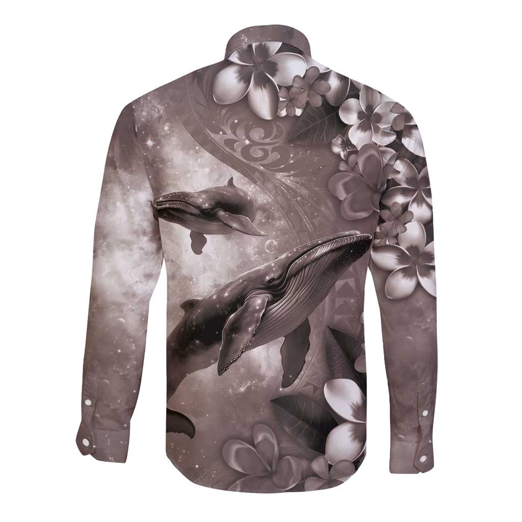Hawaiian Lei Day Plumeria Humpback Whales Long Sleeve Button Shirt Polynesian Art Vibrant Starry Nebula Grayscale Style