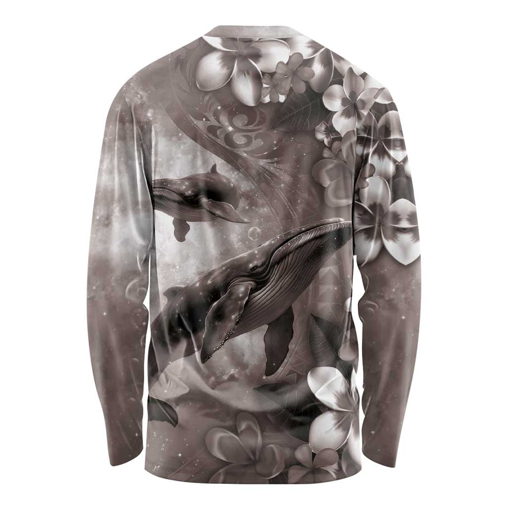 Hawaiian Lei Day Plumeria Humpback Whales Long Sleeve Shirt Polynesian Art Vibrant Starry Nebula Grayscale Style