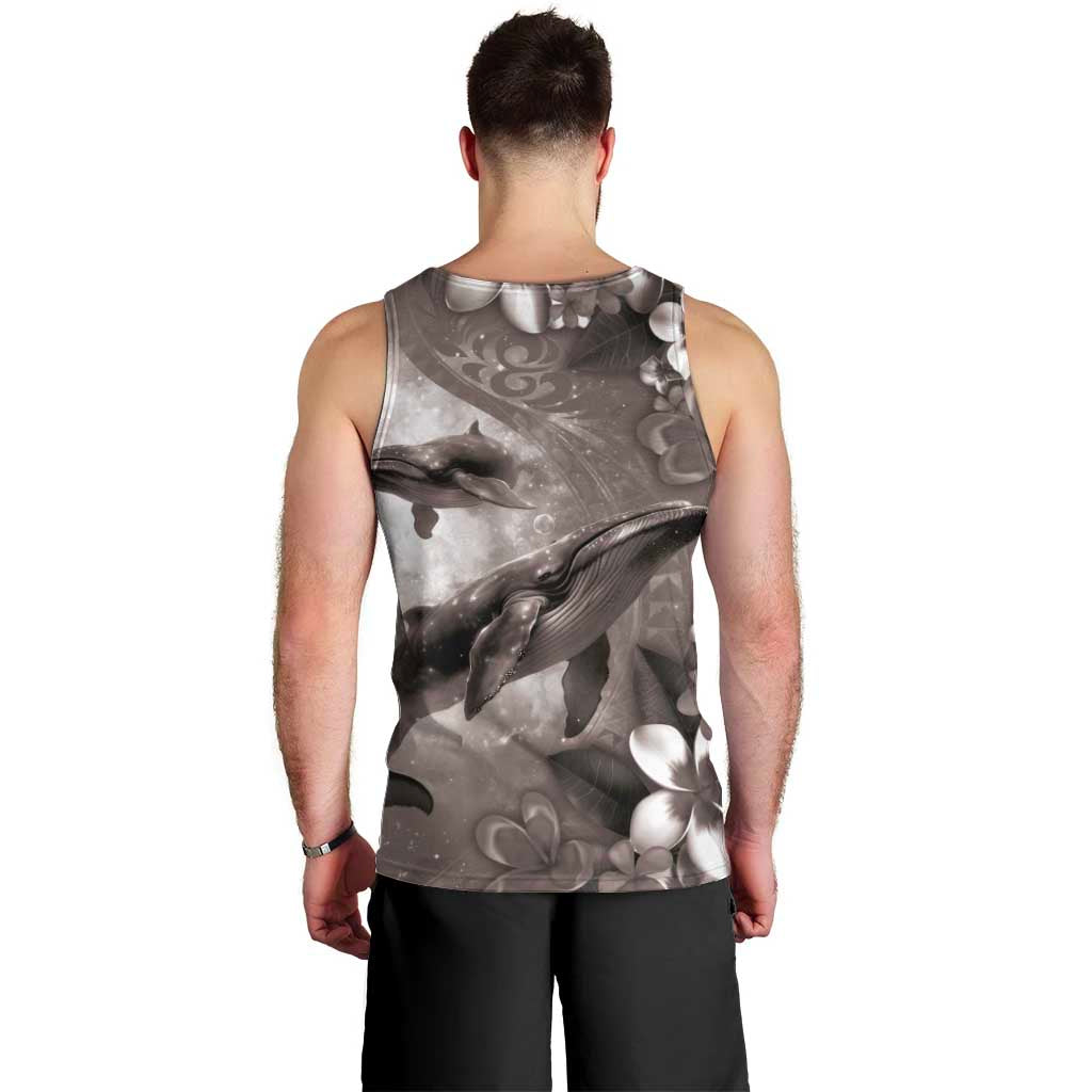 Hawaiian Lei Day Plumeria Humpback Whales Men Tank Top Polynesian Art Vibrant Starry Nebula Grayscale Style