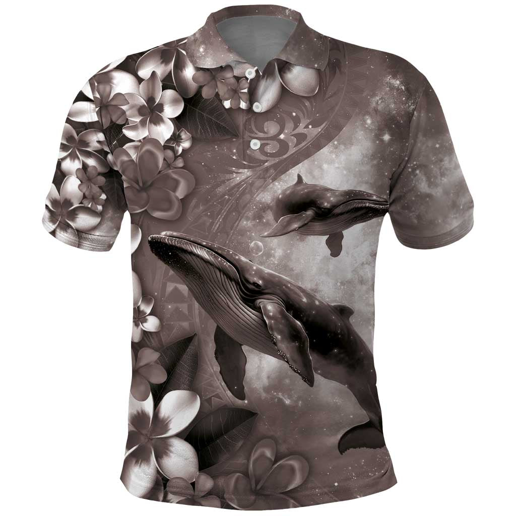 Hawaiian Lei Day Plumeria Humpback Whales Polo Shirt Polynesian Art Vibrant Starry Nebula Grayscale Style