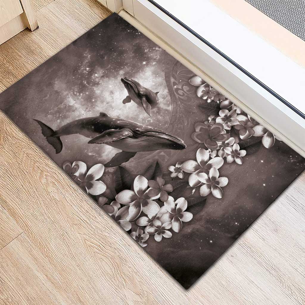 Hawaiian Lei Day Plumeria Humpback Whales Rubber Doormat Polynesian Art Vibrant Starry Nebula Grayscale Style