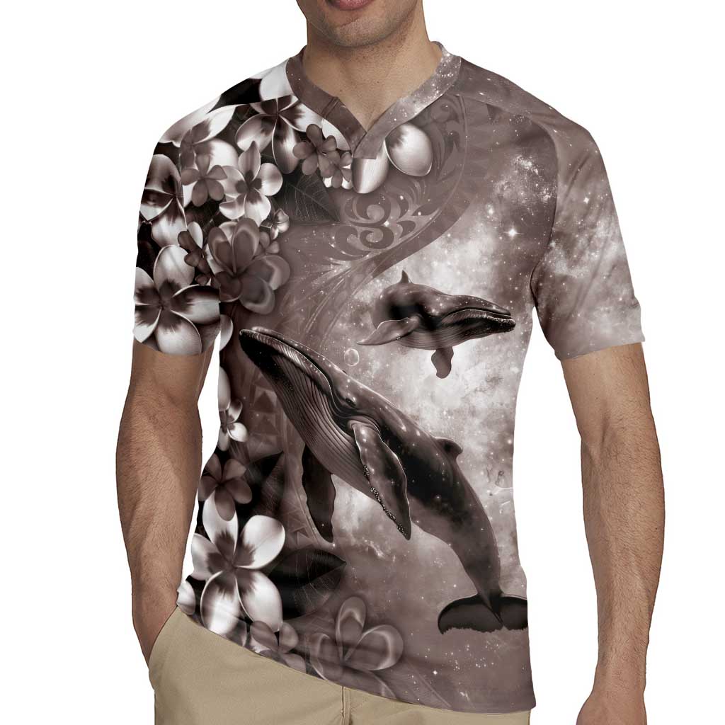 Hawaiian Lei Day Plumeria Humpback Whales Rugby Jersey Polynesian Art Vibrant Starry Nebula Grayscale Style LT03 - Polynesian Pride