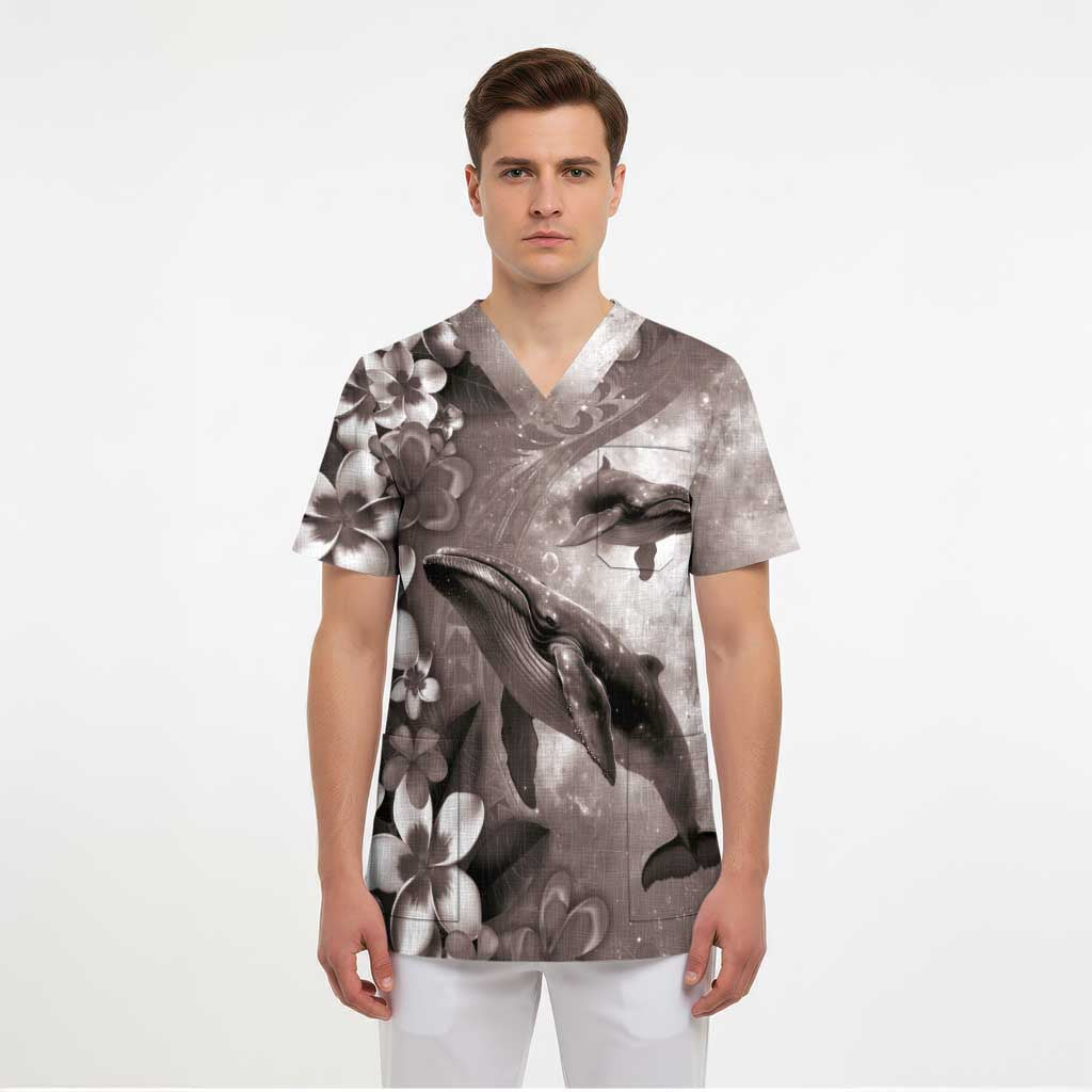 Hawaiian Lei Day Plumeria Humpback Whales Scrub Top Polynesian Art Vibrant Starry Nebula Grayscale Style - Polynesian Pride