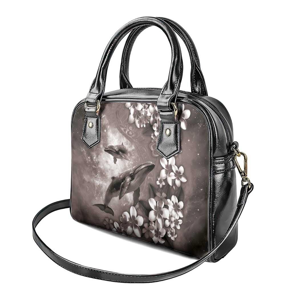Hawaiian Lei Day Plumeria Humpback Whales Shoulder Handbag Polynesian Art Vibrant Starry Nebula Grayscale Style