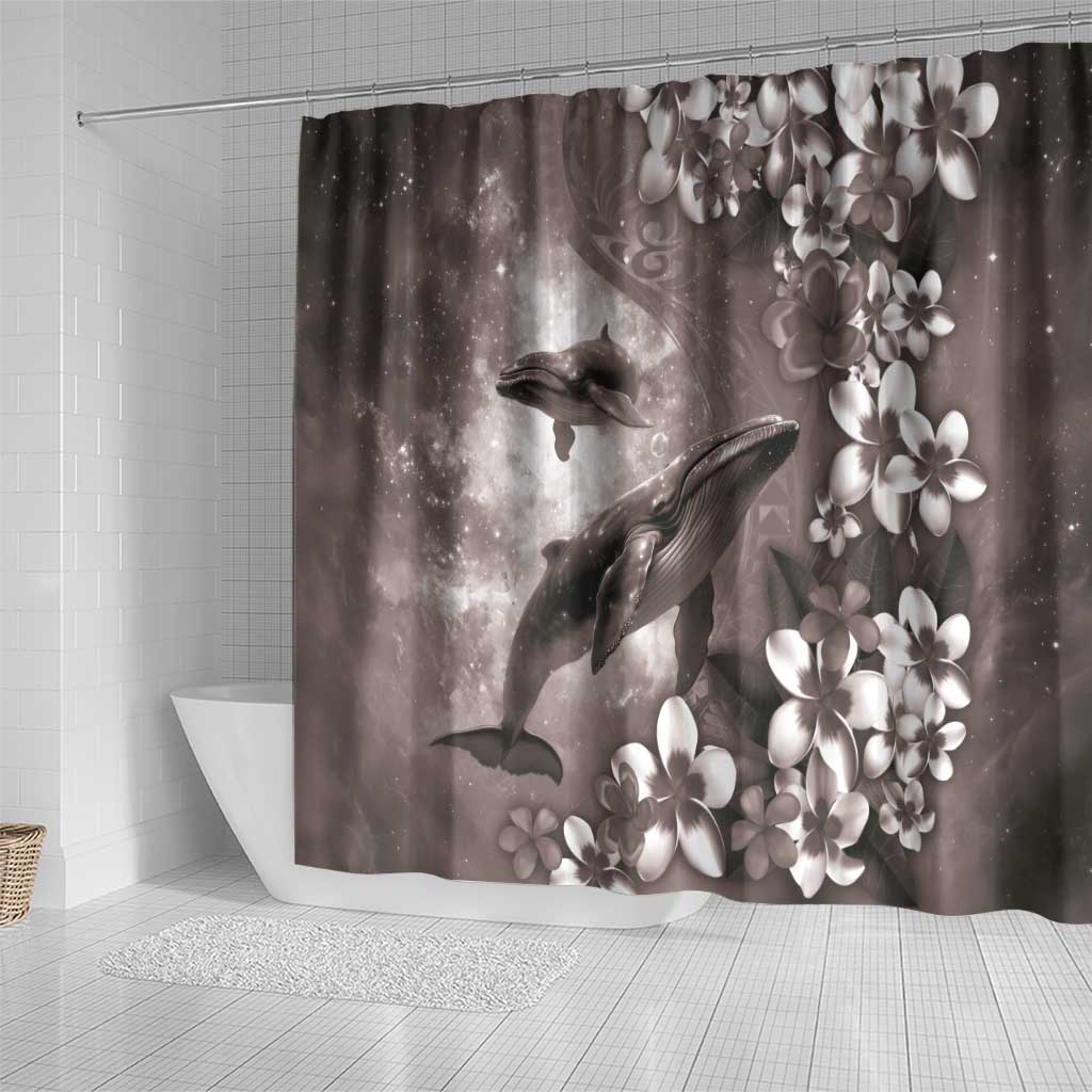 Hawaiian Lei Day Plumeria Humpback Whales Shower Curtain Polynesian Art Vibrant Starry Nebula Grayscale Style
