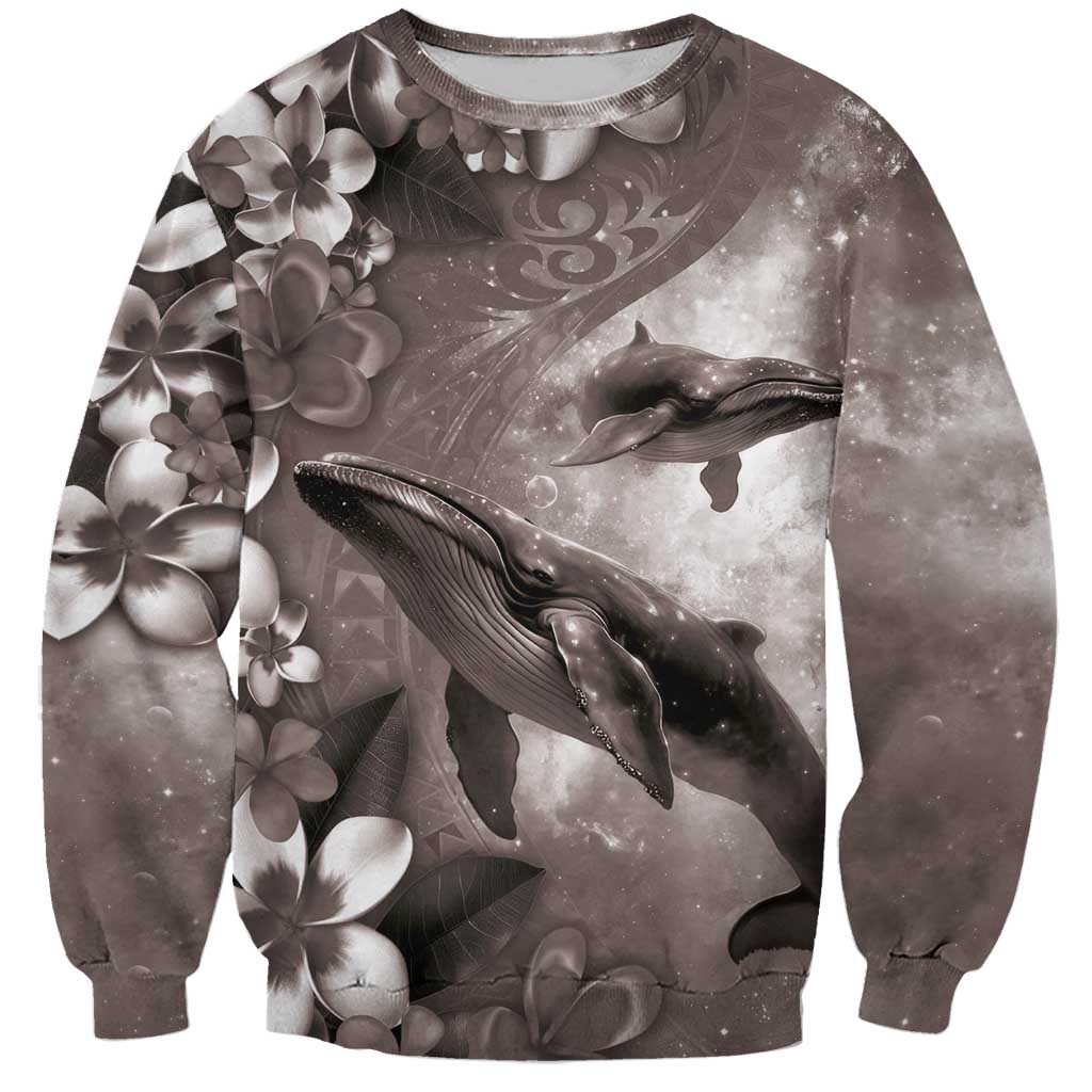 Hawaiian Lei Day Plumeria Humpback Whales Sweatshirt Polynesian Art Vibrant Starry Nebula Grayscale Style
