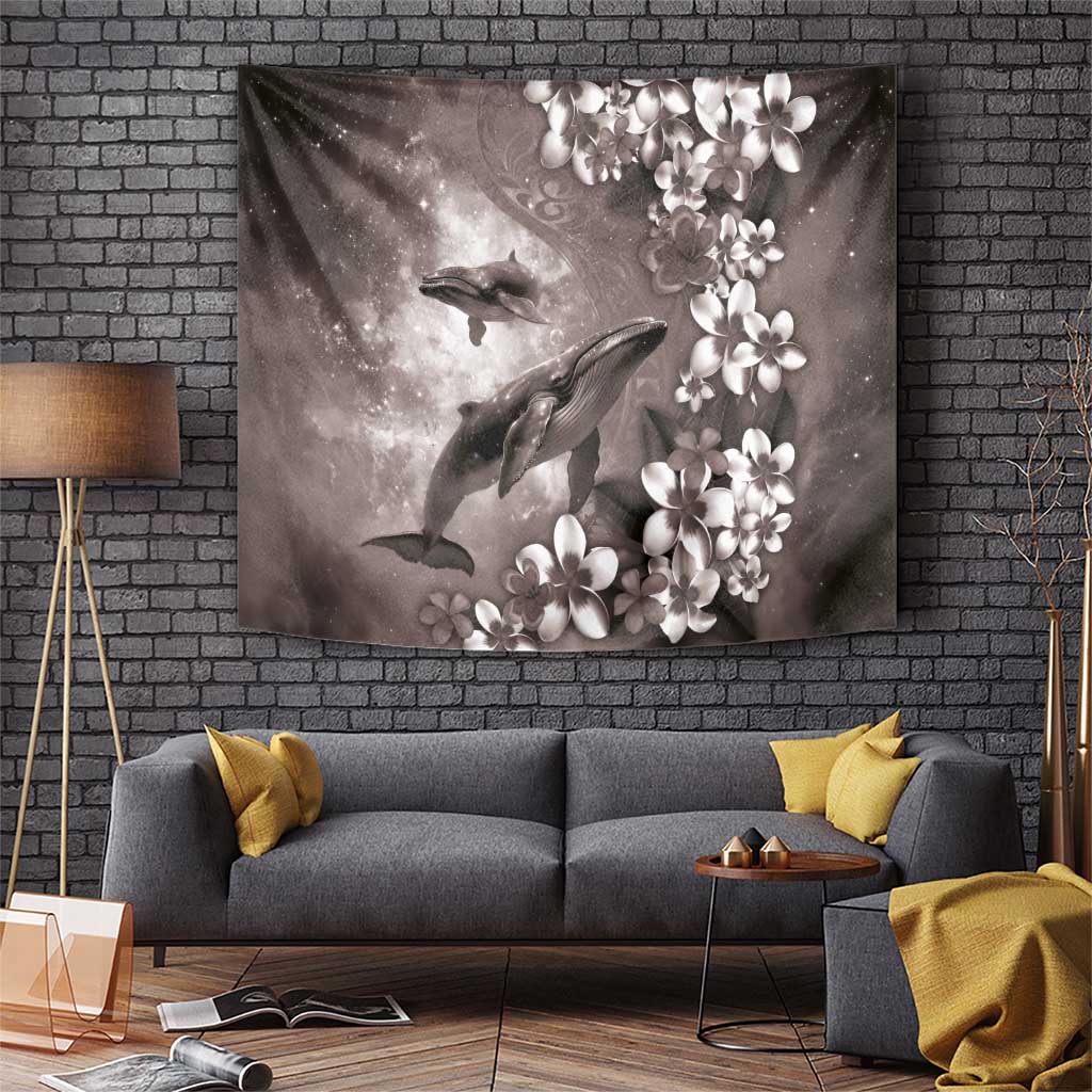 Hawaiian Lei Day Plumeria Humpback Whales Tapestry Polynesian Art Vibrant Starry Nebula Grayscale Style