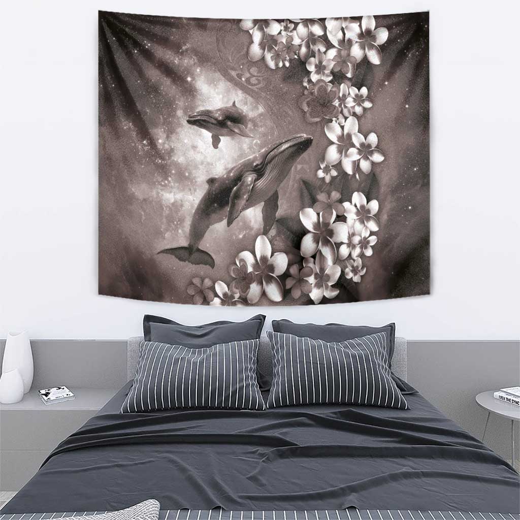 Hawaiian Lei Day Plumeria Humpback Whales Tapestry Polynesian Art Vibrant Starry Nebula Grayscale Style