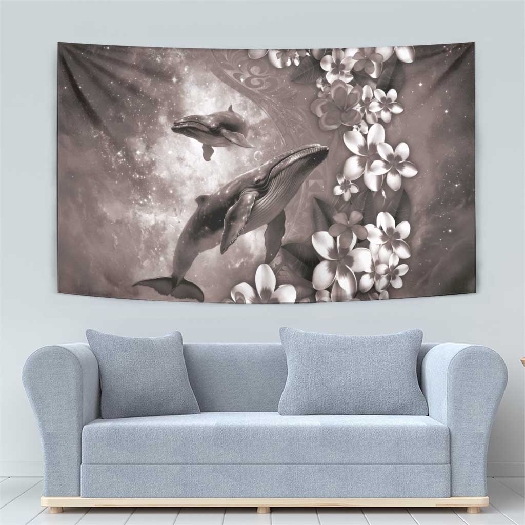 Hawaiian Lei Day Plumeria Humpback Whales Tapestry Polynesian Art Vibrant Starry Nebula Grayscale Style