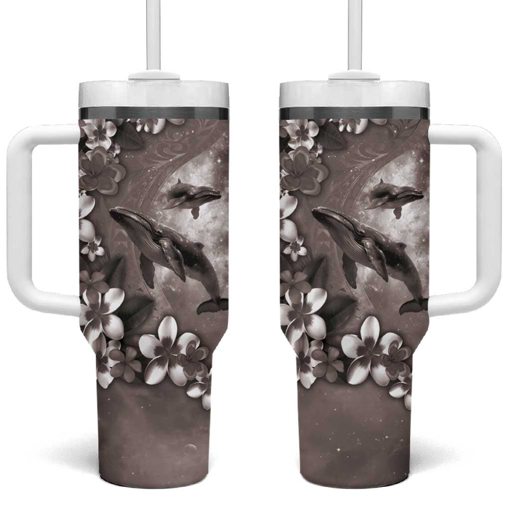 Hawaiian Lei Day Plumeria Humpback Whales Tumbler With Handle Polynesian Art Vibrant Starry Nebula Grayscale Style