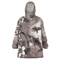 Hawaiian Lei Day Plumeria Humpback Whales Wearable Blanket Hoodie Polynesian Art Vibrant Starry Nebula Grayscale Style