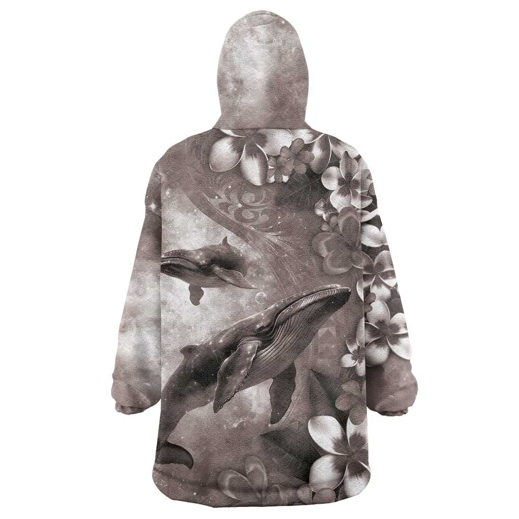 Hawaiian Lei Day Plumeria Humpback Whales Wearable Blanket Hoodie Polynesian Art Vibrant Starry Nebula Grayscale Style