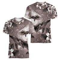 Hawaiian Lei Day Plumeria Humpback Whales Women V-Neck T-Shirt Polynesian Art Vibrant Starry Nebula Grayscale Style