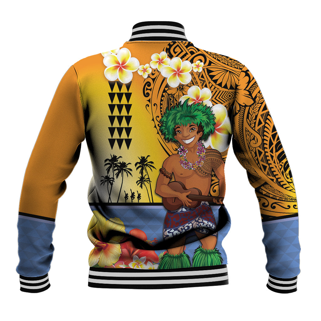 Happy Lei Day Baseball Jacket Hula Male Dancer Polynesian Flower Kakau Pattern