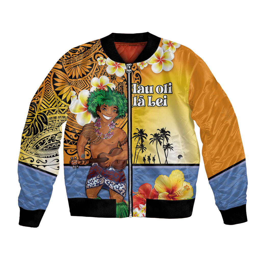 Happy Lei Day Bomber Jacket Hula Male Dancer Polynesian Flower Kakau Pattern