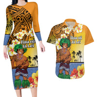 Happy Lei Day Couples Matching Long Sleeve Bodycon Dress and Hawaiian Shirt Hula Male Dancer Polynesian Flower Kakau Pattern LT03 Yellow - Polynesian Pride