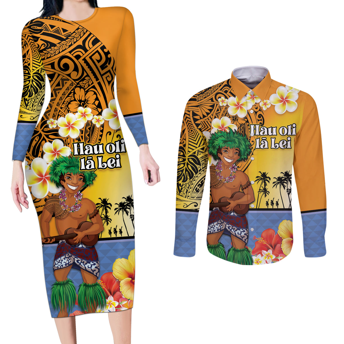 Happy Lei Day Couples Matching Long Sleeve Bodycon Dress and Long Sleeve Button Shirt Hula Male Dancer Polynesian Flower Kakau Pattern LT03 Yellow - Polynesian Pride