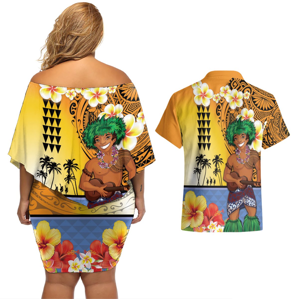 Happy Lei Day Couples Matching Off Shoulder Short Dress and Hawaiian Shirt Hula Male Dancer Polynesian Flower Kakau Pattern