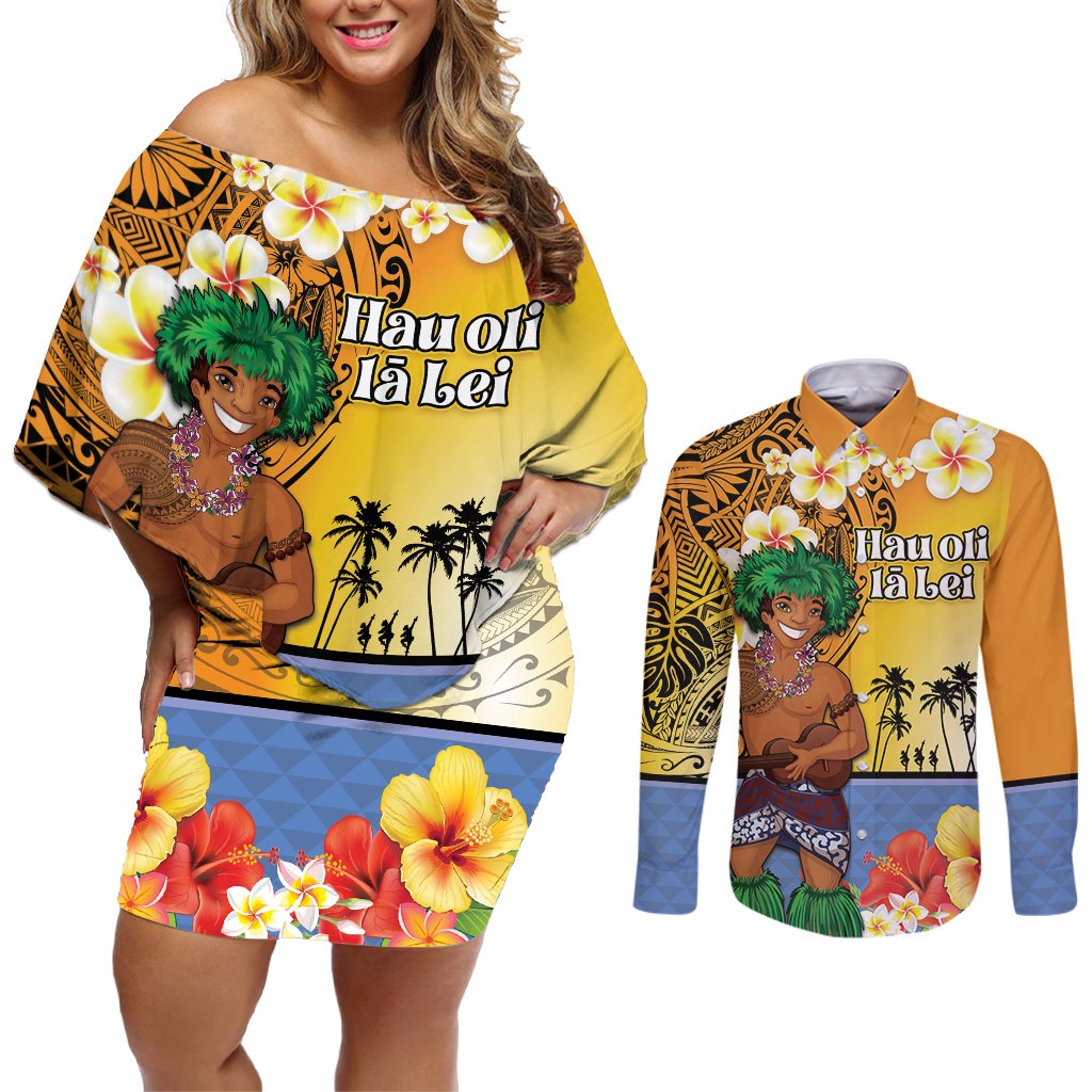 Happy Lei Day Couples Matching Off Shoulder Short Dress and Long Sleeve Button Shirt Hula Male Dancer Polynesian Flower Kakau Pattern LT03 Yellow - Polynesian Pride