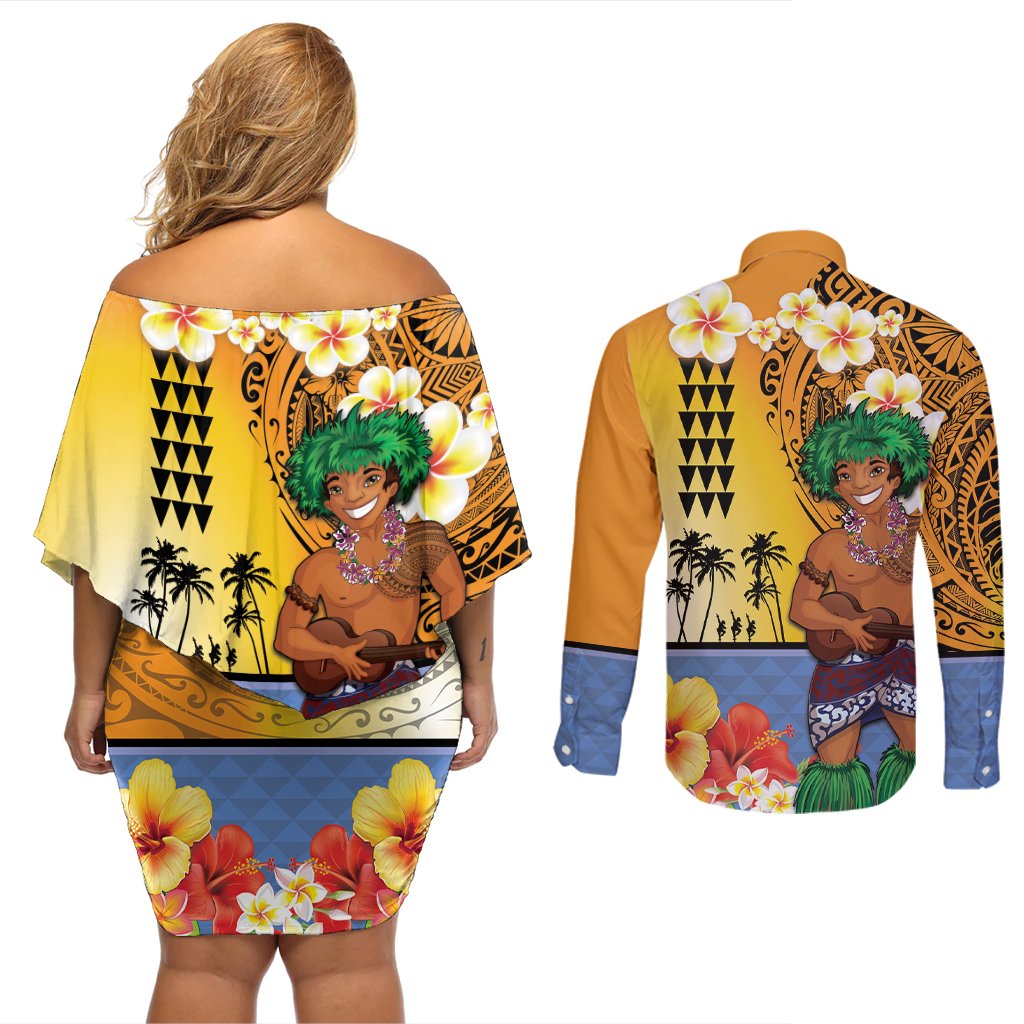 Happy Lei Day Couples Matching Off Shoulder Short Dress and Long Sleeve Button Shirt Hula Male Dancer Polynesian Flower Kakau Pattern LT03 - Polynesian Pride