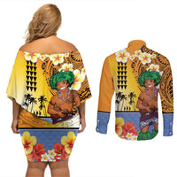 Happy Lei Day Couples Matching Off Shoulder Short Dress and Long Sleeve Button Shirt Hula Male Dancer Polynesian Flower Kakau Pattern LT03 - Polynesian Pride