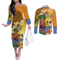 Happy Lei Day Couples Matching Off The Shoulder Long Sleeve Dress and Long Sleeve Button Shirt Hula Male Dancer Polynesian Flower Kakau Pattern LT03 Yellow - Polynesian Pride