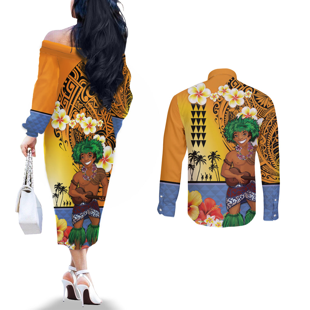 Happy Lei Day Couples Matching Off The Shoulder Long Sleeve Dress and Long Sleeve Button Shirt Hula Male Dancer Polynesian Flower Kakau Pattern LT03 - Polynesian Pride
