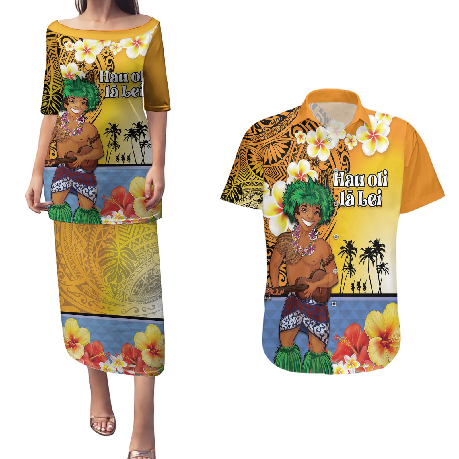 Happy Lei Day Couples Matching Puletasi and Hawaiian Shirt Hula Male Dancer Polynesian Flower Kakau Pattern