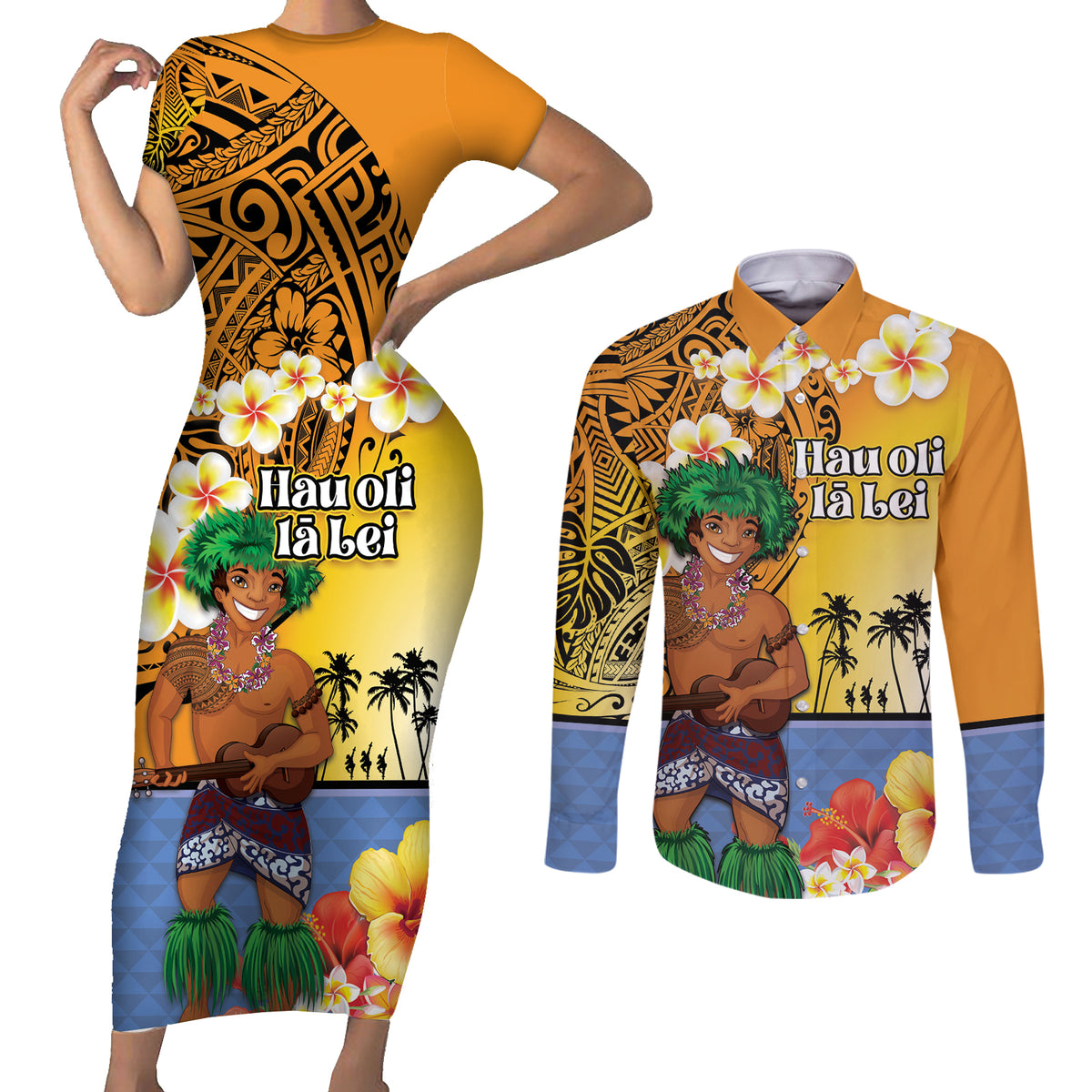 Happy Lei Day Couples Matching Short Sleeve Bodycon Dress and Long Sleeve Button Shirt Hula Male Dancer Polynesian Flower Kakau Pattern LT03 Yellow - Polynesian Pride