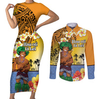 Happy Lei Day Couples Matching Short Sleeve Bodycon Dress and Long Sleeve Button Shirt Hula Male Dancer Polynesian Flower Kakau Pattern LT03 Yellow - Polynesian Pride