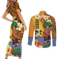Happy Lei Day Couples Matching Short Sleeve Bodycon Dress and Long Sleeve Button Shirt Hula Male Dancer Polynesian Flower Kakau Pattern LT03 - Polynesian Pride