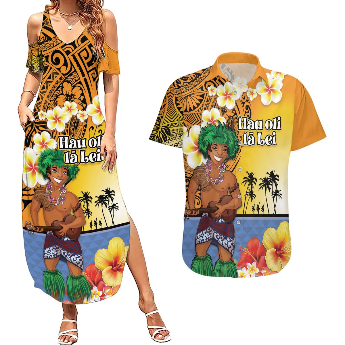 Happy Lei Day Couples Matching Summer Maxi Dress and Hawaiian Shirt Hula Male Dancer Polynesian Flower Kakau Pattern LT03 Yellow - Polynesian Pride