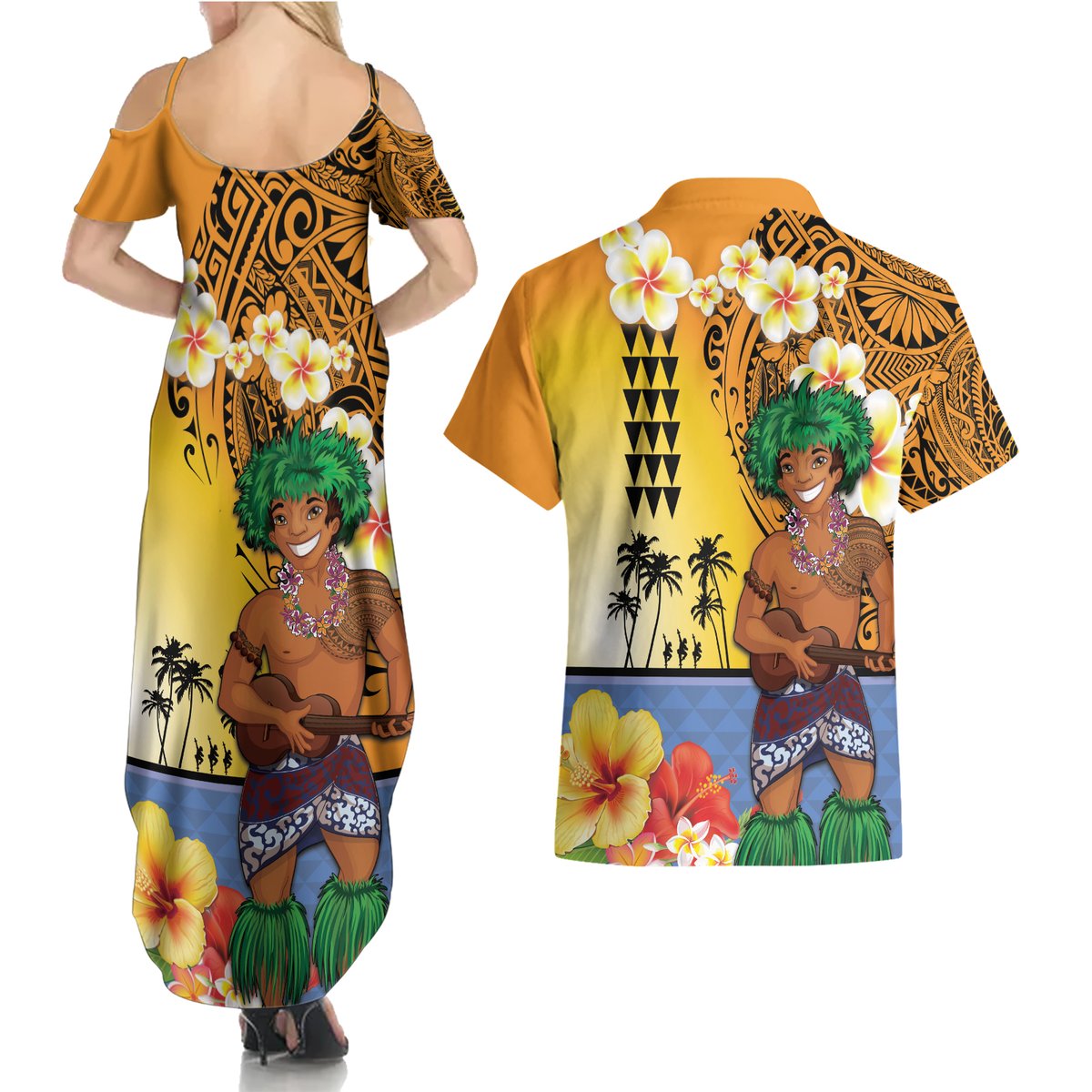 Happy Lei Day Couples Matching Summer Maxi Dress and Hawaiian Shirt Hula Male Dancer Polynesian Flower Kakau Pattern LT03 - Polynesian Pride