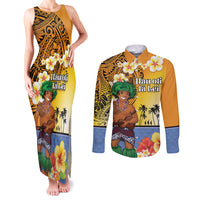 Happy Lei Day Couples Matching Tank Maxi Dress and Long Sleeve Button Shirt Hula Male Dancer Polynesian Flower Kakau Pattern LT03 Yellow - Polynesian Pride